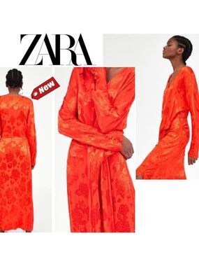 ZARA orange Jacquard midi wrap long sleeve Dress With Knot Sz S NWT